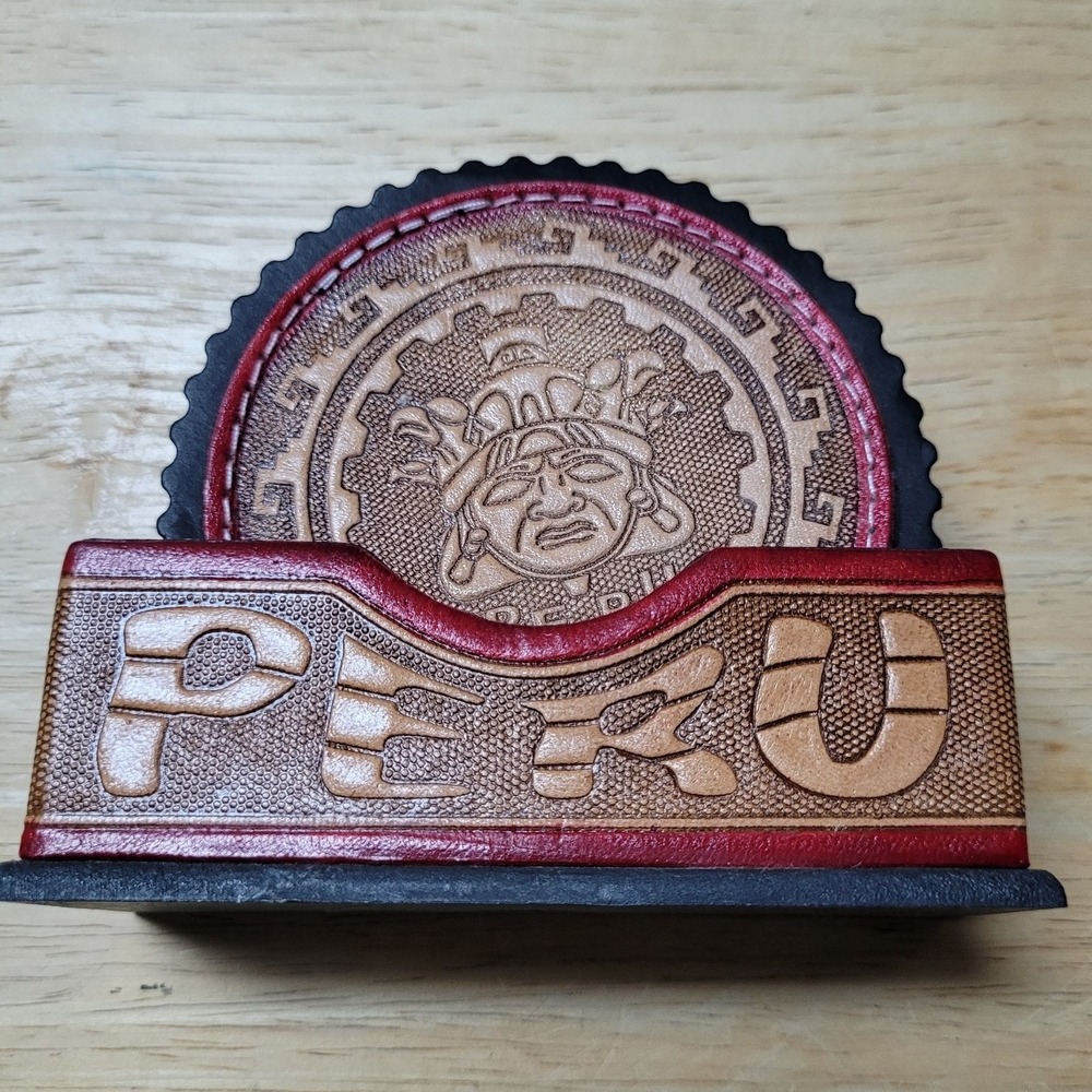 Peru Leather Coasters Set with Holder Set of 6